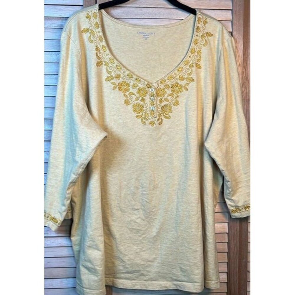 Laura Scott 2XL Grapefruit Orange Long Sleeve Embroidered‎ Henley